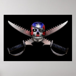 Póster Bandeira porto-riquenha - crânio e espadas