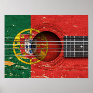 Póster Bandeira portuguesa na guitarra acústica velha