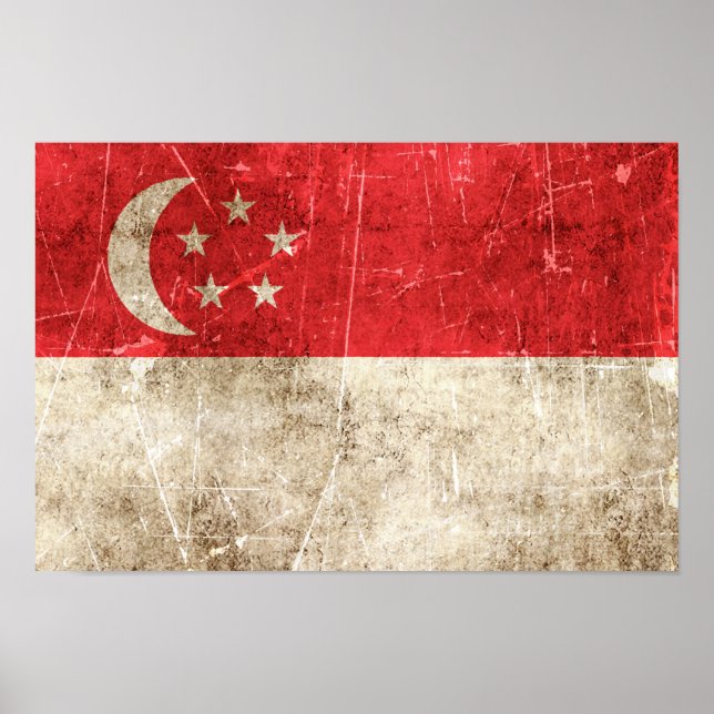 Póster Bandeira Vintage Aged e Arranhada de Singapura (Frente)