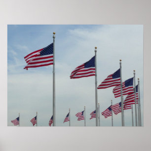 Póster Bandeiras americanas no monumento de Washington