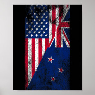 Poster Bandeiras dos EUA e da Nova Zelândia - EUA Kiwi,