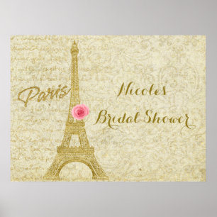 Póster Bandeja Eiffel Torre Paris Dourada e Rosa Elegante