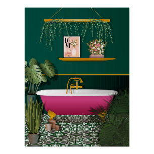 Póster Banheiro Romântico Verde Escuro   Poster de Banhei