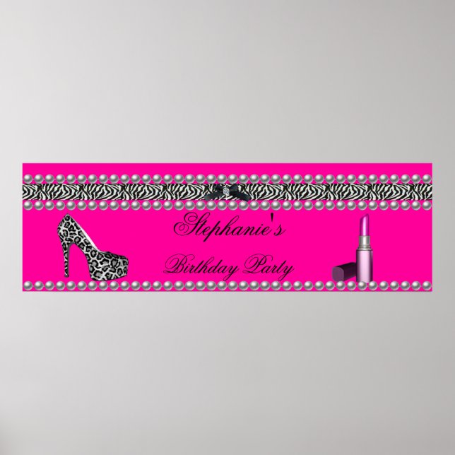 Póster Banner Aniversário Batom Rosa Quente Zebra Leopard (Frente)