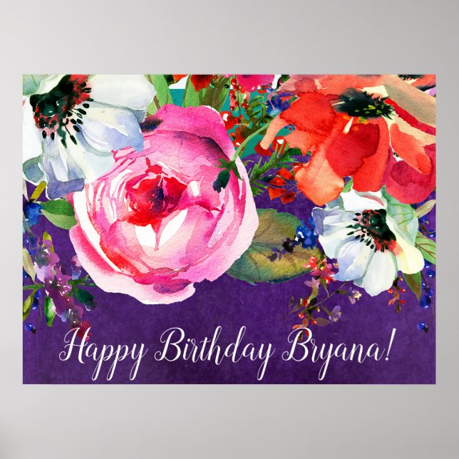 Poster Banner Bright Watercolor Floral Purple Chic Party (Frente)