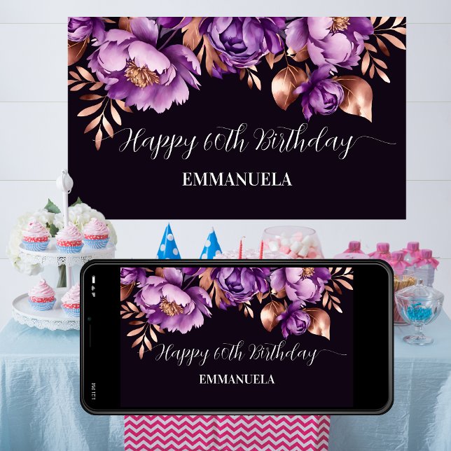 Poster Banner de aniversário elegante rosa ouro roxo (Happy birthday banner elegant purple rose gold peonies  template poster digital download 60th 50th)