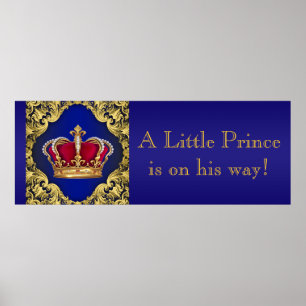 Póster Banner de Bebê Coroa Príncipe Azul e Dourado