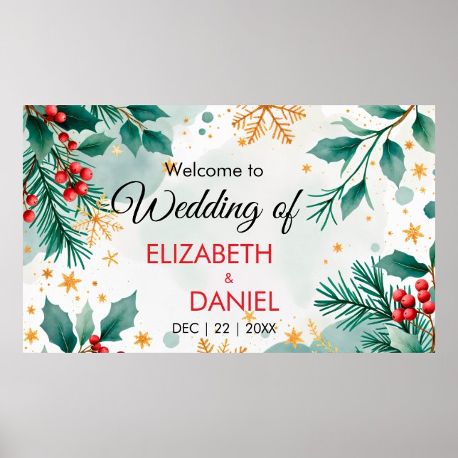 Poster Banner de Casamento de Natal Watercolor com Holly (Frente)