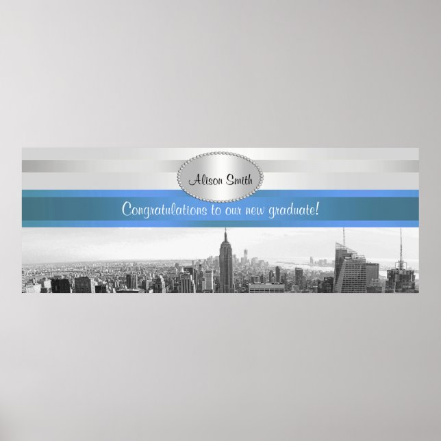 Poster Banner do NYC Skyline BW 05 White Blue 2 Party (Frente)