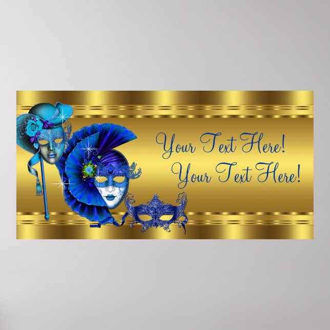Póster Banner Elegante de Mascarada Azul e Dourado (Frente)