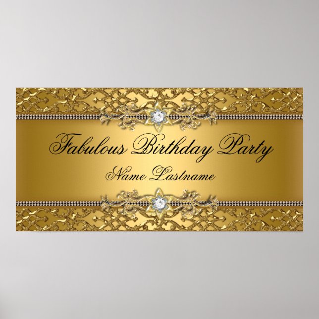 Póster Banner Elegante Dourado Damask Emboscada de Aniver (Frente)