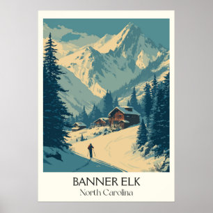 Poster Banner Elk NC Vintage Mountain Winter Art