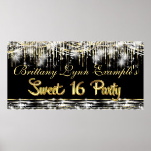 Póster Banner preto e Dourado do Glam Sweet 16 Party