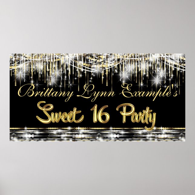 Póster Banner preto e Dourado do Glam Sweet 16 Party (Frente)
