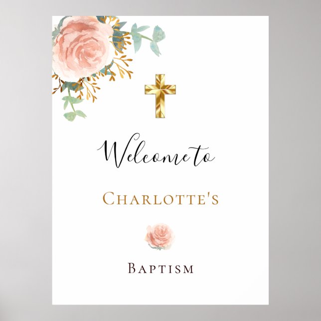 Poster Baptism eucalyptus cor-de-rosa menina floral bem v (Frente)