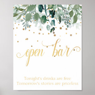 Poster Bar Aberto de Botânica Folhagem Dourada Casamento