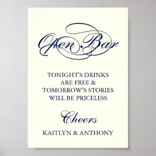 Poster Bar Aberto de Casamento Azul e Script de Marfim do