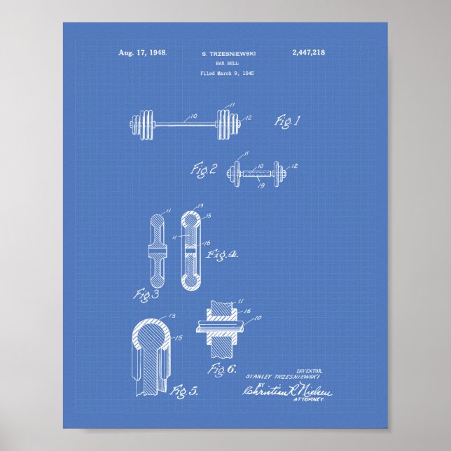 Póster Bar Bell 1948 Patent Art Blueprint (Frente)
