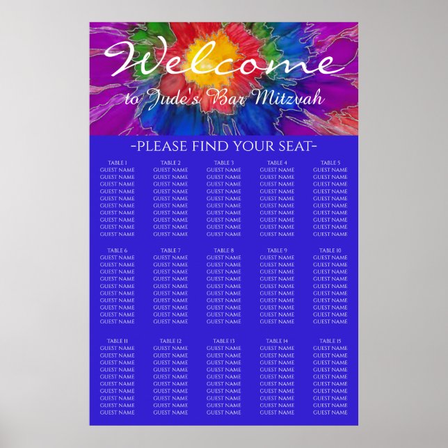Poster BAR BM & Bat Mitzvah Silvery Floral Seating Chart (Frente)