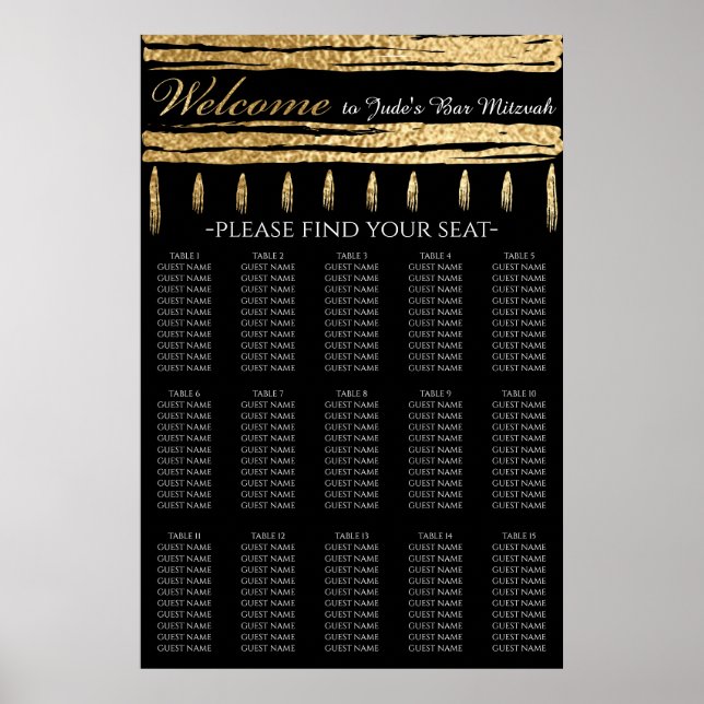 Poster BAR BM e Bat Mitzvah Dourado Tallit Seating Chart (Frente)