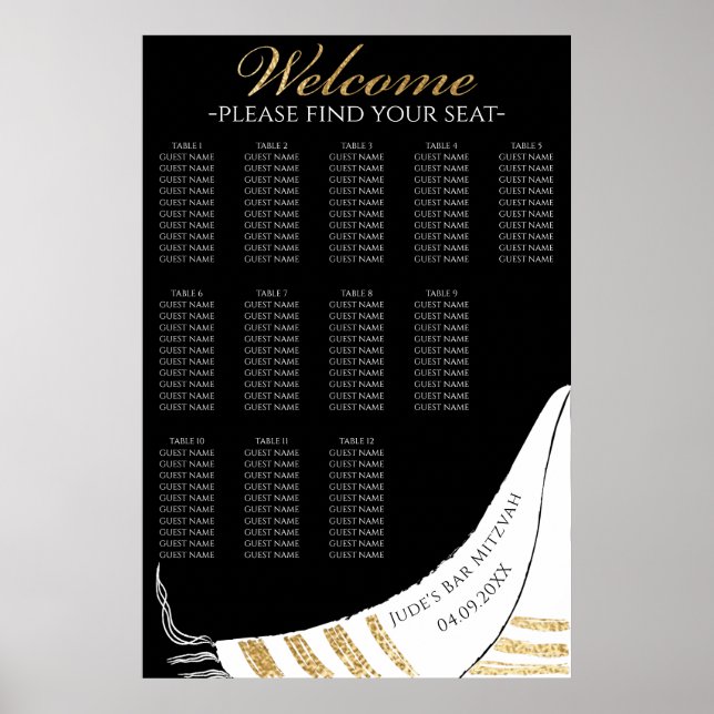 Poster BAR BM N Bat Mitzvah Dourado Tallit Seating Chart (Frente)