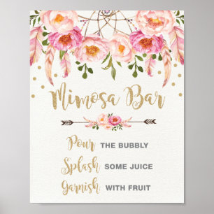 Poster Bar Boho Mimosa - Chá de panela Dourado rosa