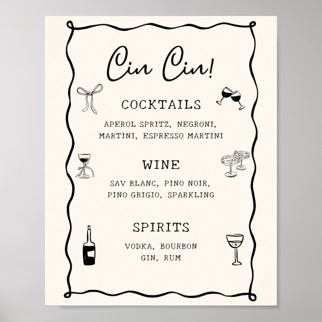 Poster Bar Cin Cin para Chá de Noiva Preto Italiano (Frente)