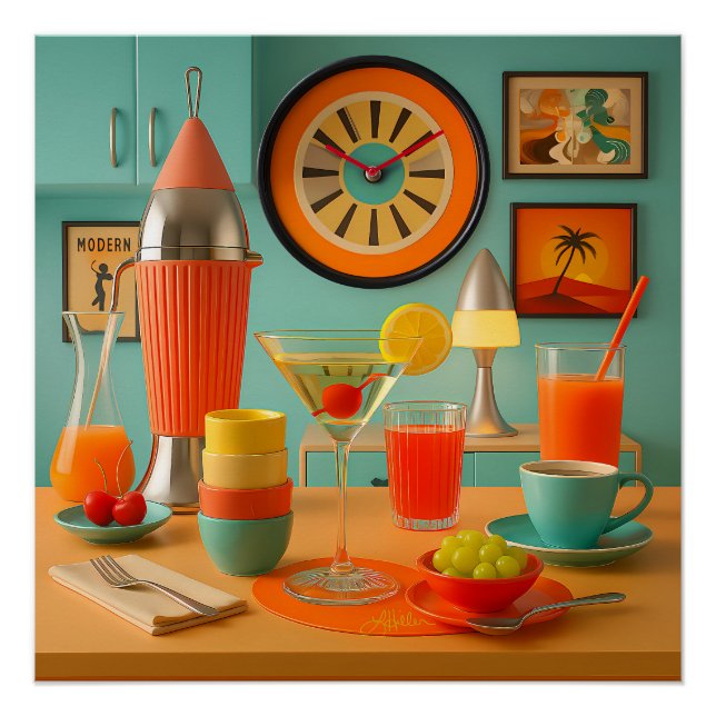 Póster Bar de Breakfast Martini Retro Futurista Atômico (Frente)