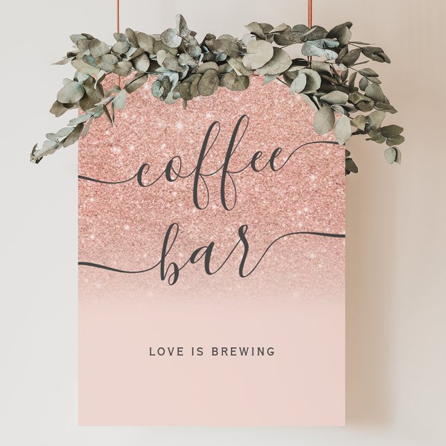 Poster bar de café com brilho rosa (Rose gold glitter ombre blush coffee bar poster)