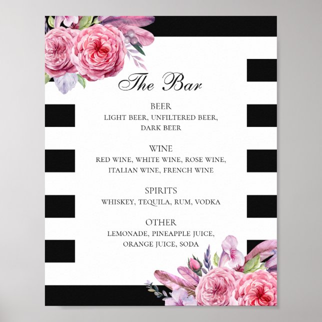 Poster Bar de casamento de flores e de penas de boho pret (Frente)