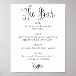 Poster Bar de casamento de guião preto e branco. Bebidas 