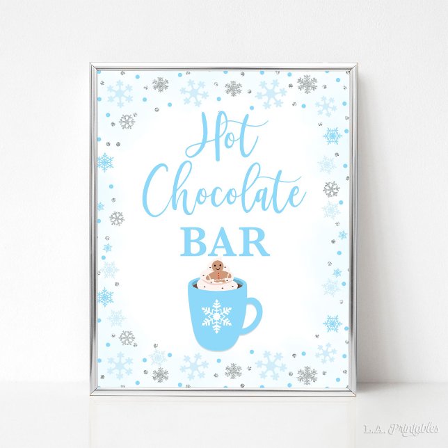 Poster Bar de chocolate quente Sinal de flocos de neve az (Hot Chocolate Bar Sign, Winter Blue & Silver Glitter Snowflakes Theme)