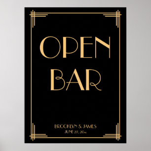 Poster Bar de Deco de Arte Negra Dourado de Casamento Abe