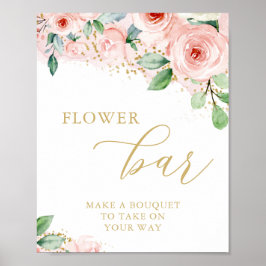 Poster Bar de Flores, Floral Rosa e Dourado para Chá de N