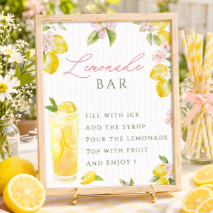 Poster Bar de limonada floral rosa limão recém-graduado