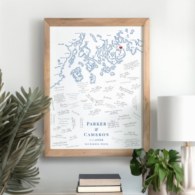 Poster Bar de Livro de Convidado Elegante para Casamento  (Bar Harbor Maine Map Wedding Alternative Guest Book Poster in Elegant Navy Blue from Coastal Map Des)
