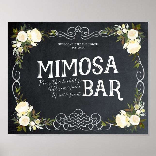 Póster bar de marfim floral Mimosa Sinal churrasco casame (Frente)