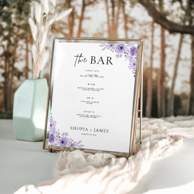 Poster Bar de Menu de Casamento Roxo (Purple Wedding Bar Menu Sign Template)