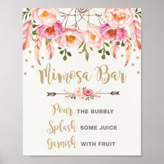 Poster Bar de Mimosa Boho Rosa Dourado Chá de Noiva