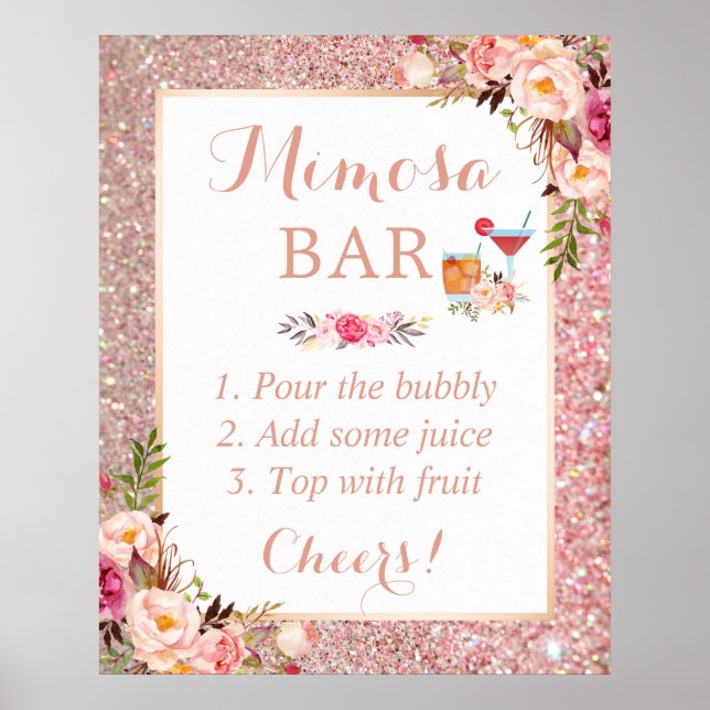 Poster Bar de Mimosa com Brilho Dourado Rosa para Chá de  (Frente)