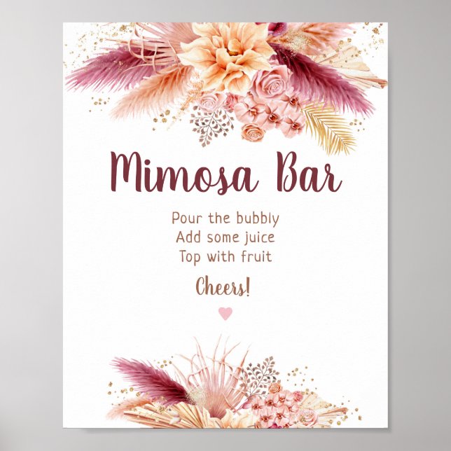 Poster Bar de Mimosa de Chá de Noiva Boho com Grama Pampa (Frente)