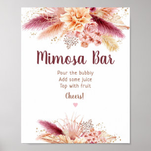 Poster Bar de Mimosa de Noiva Boho com Grama Pampas de Ou