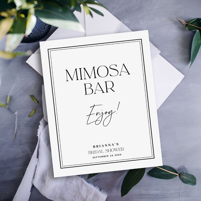 Poster Bar de Mimosa Elegante Chá de Noiva Preto e Branco (Criador carregado)