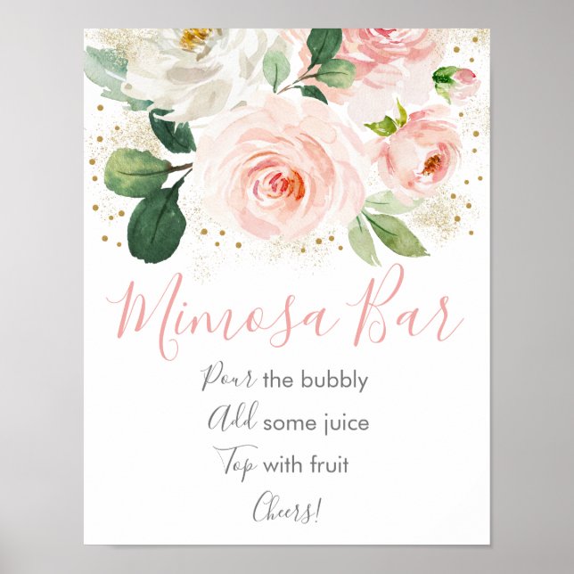 Poster Bar de Mimosa Rosa Bege Dourado Floral Chá de Noiv (Frente)