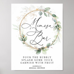 Poster Bar de Mimosa Verde e Dourado para Chá de Noiva