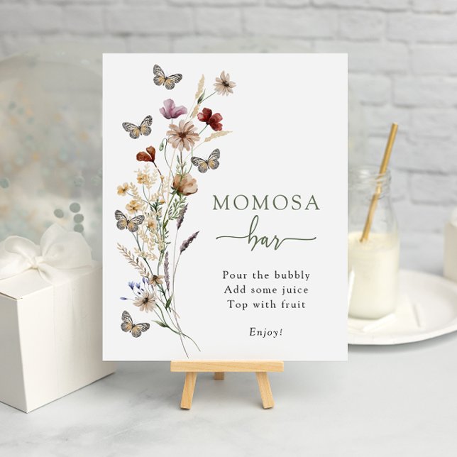 Poster Bar de Momosa de Flor Selvagem Verde (Sage Green Wildflower Momosa Bar Poster with Butterflies by Painted Paperie
)