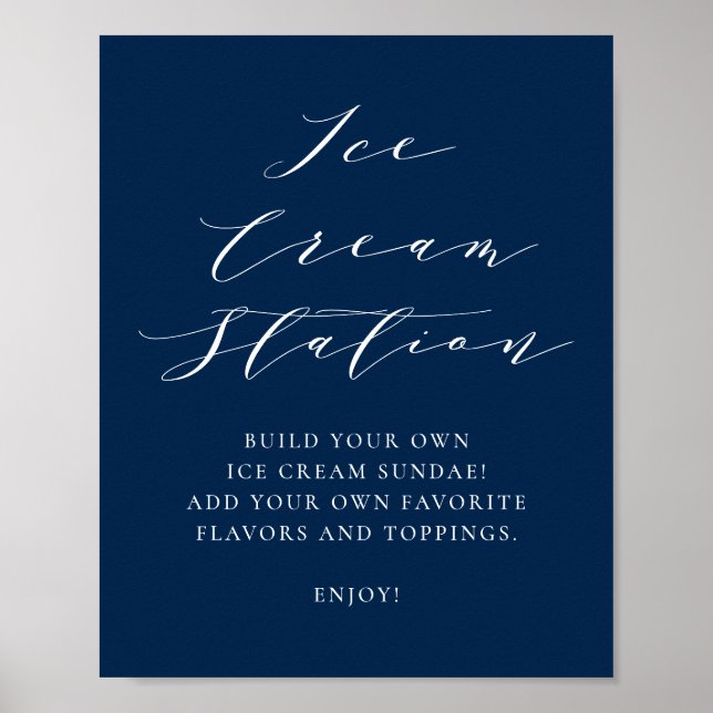 Poster Bar de Sorvete Marinho de Casamento Azul com Scrip (Frente)