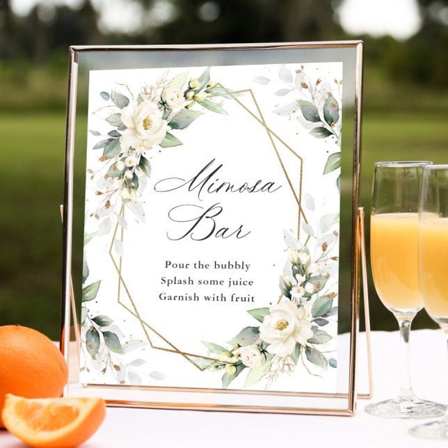 Poster Bar Elegante Pastel White Roses Eucalyptus Mimosa (Criador carregado)