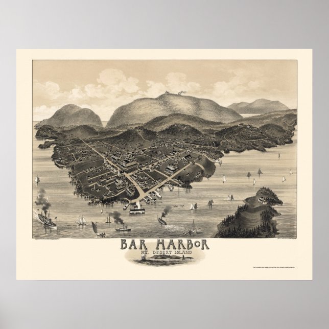 Poster Bar Harbour, Map Panorâmico ME - 1886 (Frente)