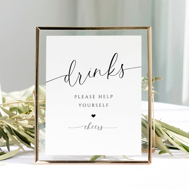 Poster Bar Indicador de Chá de panela Elegante Moderno (Bridal Shower Drinks Sign - Elegant Romantic Bridal Shower Drinks - Heart - Please help yourself)